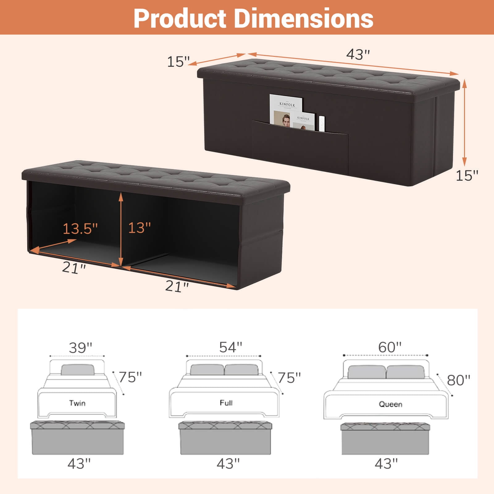 Costway 43''x15''x15'' Large Folding Storage Faux Leather Ottoman Pouffe Box Stool Brown