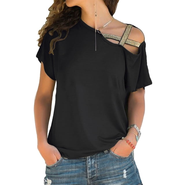 Top negro de mujer con hombros descubiertos, tirantes cruzados, mangas cortas, corte holgado, camiseta informal de color liso, elegante para verano