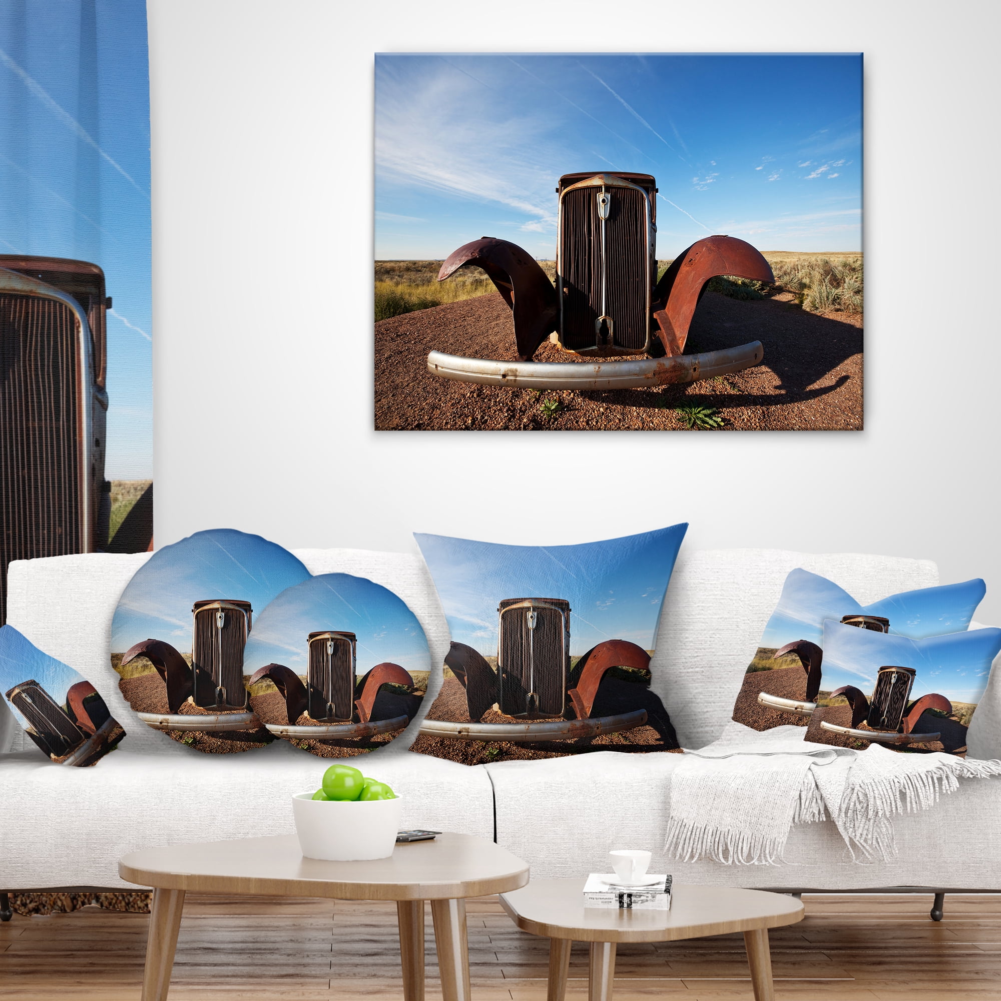 Designart Retro Car under Calm Blue Sky - Landscape Printed Throw Pillow - 18x18