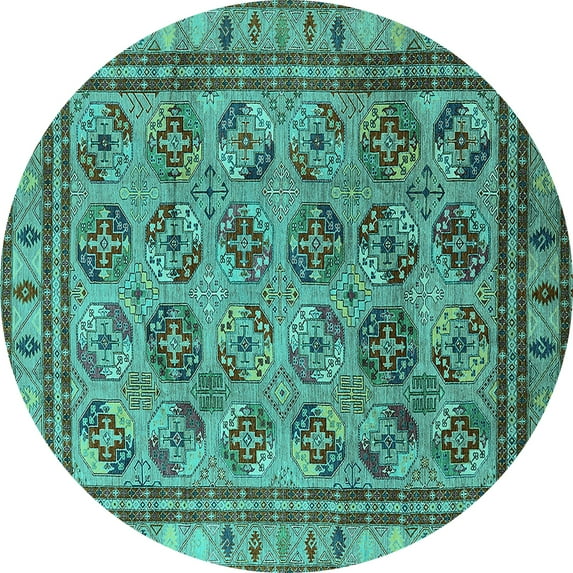 Ahgly Company Machine Washable Indoor Round Oriental Turquoise Blue Traditional Area Rugs, 8' Round