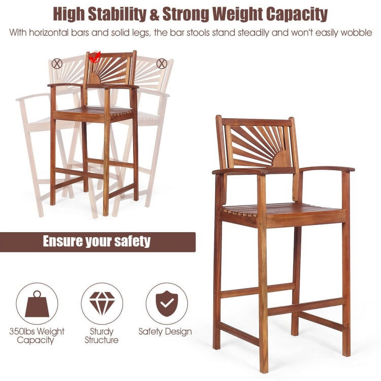 Aimee Lii 2 Pieces Outdoor Acacia Wood Bar Chairs with Sunflower Backrest and Armrests, Outdoor Patio Furniture