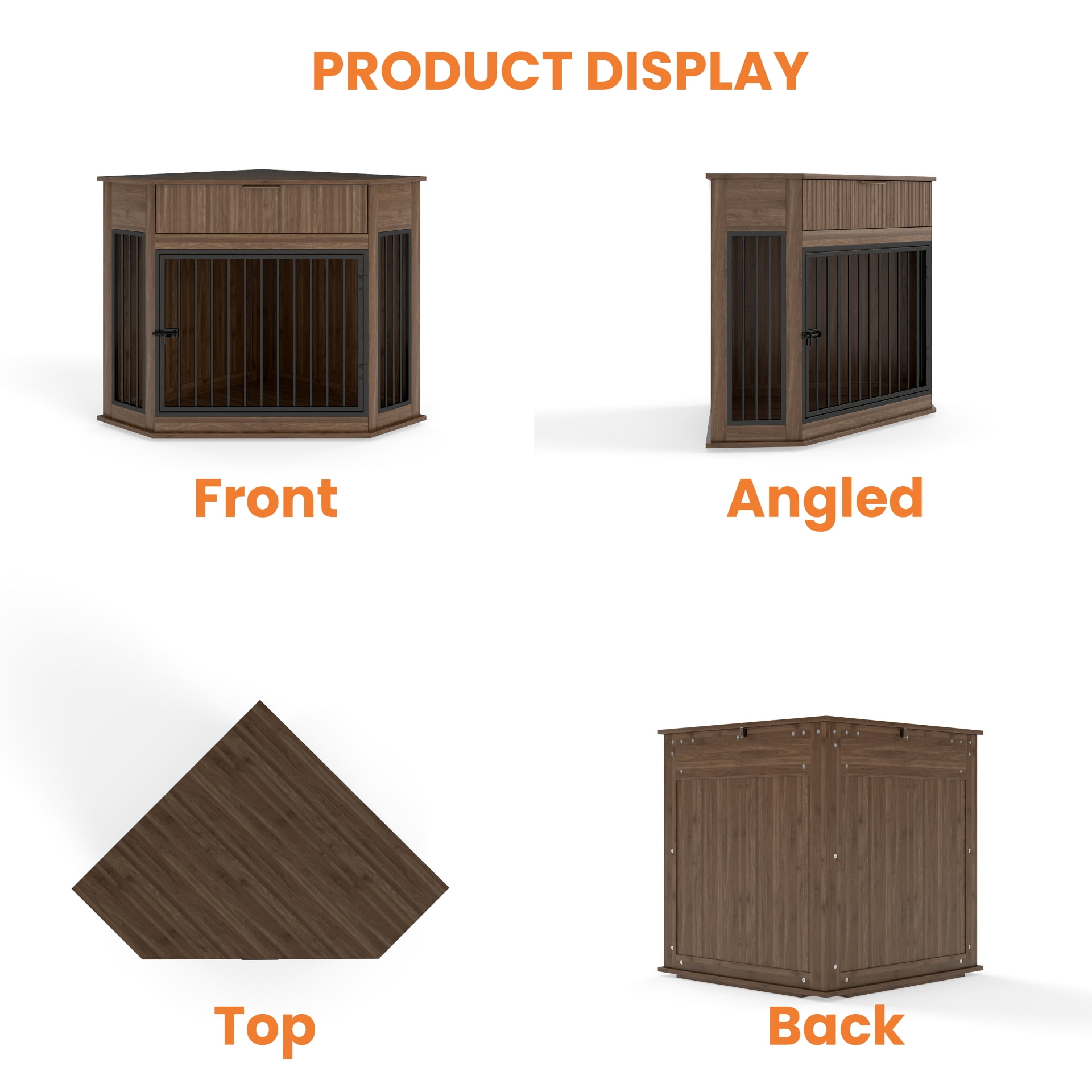 Aukfa Corner Dog Crate Furniture, Small to Medium Dog Kennel with Fluted Drawer for Home Indoor,Brown