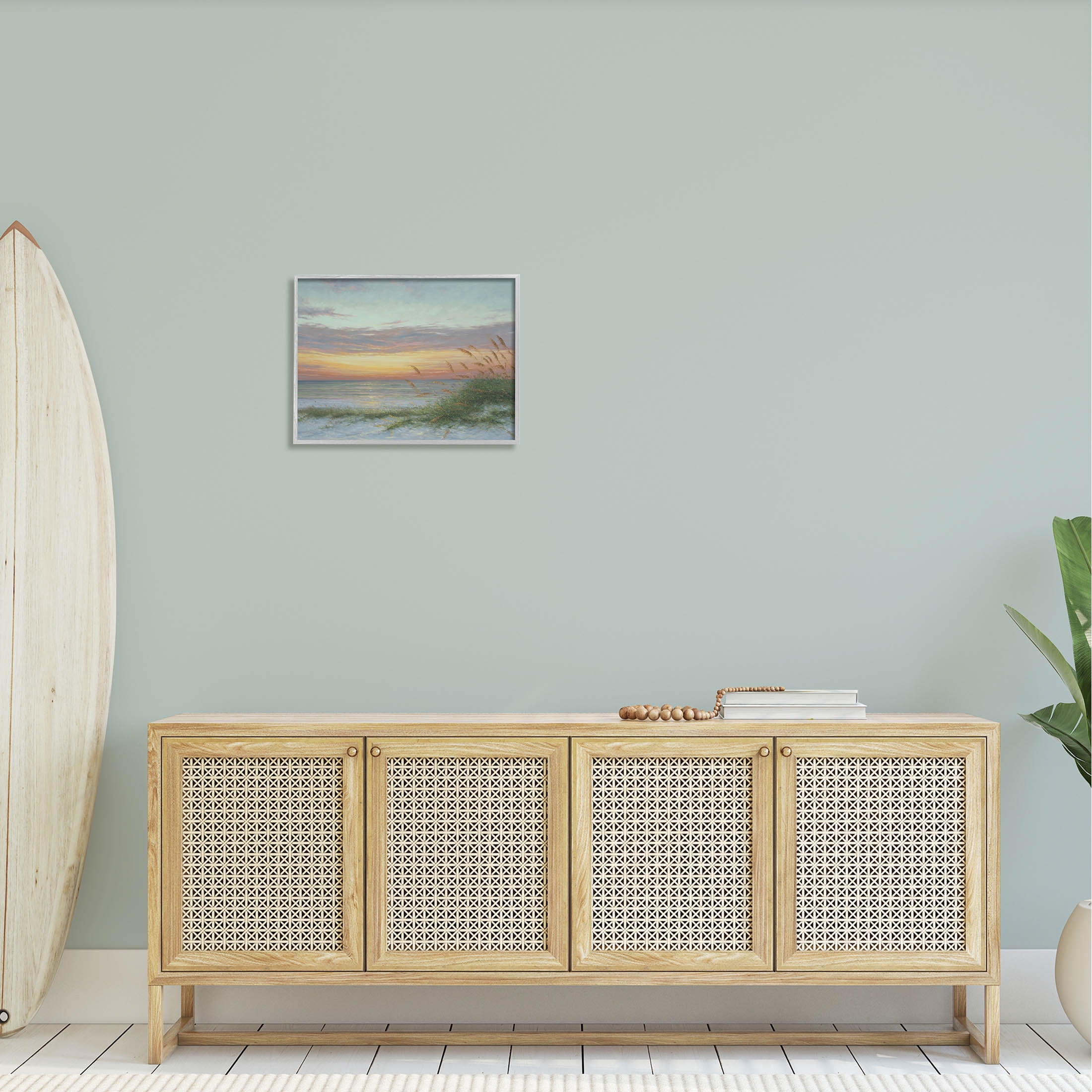 Coastal Beach Summer Sunset Landscape Painting Gray Framed Art Print Wall Art