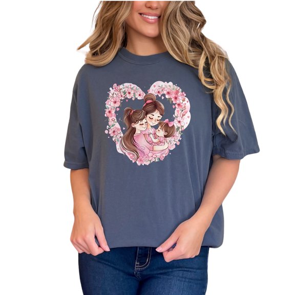 Mother Daughter Love Heart Floral Artwork Tee, Family Themed Graphic Shirt, Perfect Gift for Moms Daughters, Cute Matching Outfits, Denim Comfort Colors T-Shirt, Small