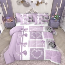 Manfei Cartoon Ribbon Bow 7-Piece Bedding Comforter Set for Kids, Purple Dreamy Butterfly King Bedding Sets, Love Heart Reversible Bed Sheets, Luxury Bedroom Decor