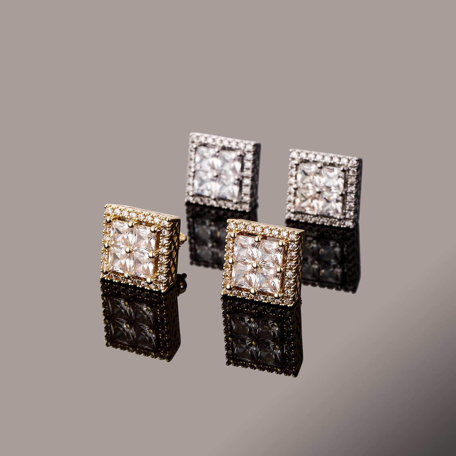 Unisex square stud earrings, hypoallergenic, 18K white gold/yellow gold plated, princess-cut clear cubic zirconia, 13mm.