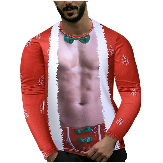 Pompotops Hauts Amusants pour Hommes Imprimé de Noël Col Rond Manches Longues T-Shirt Blouse en Solde