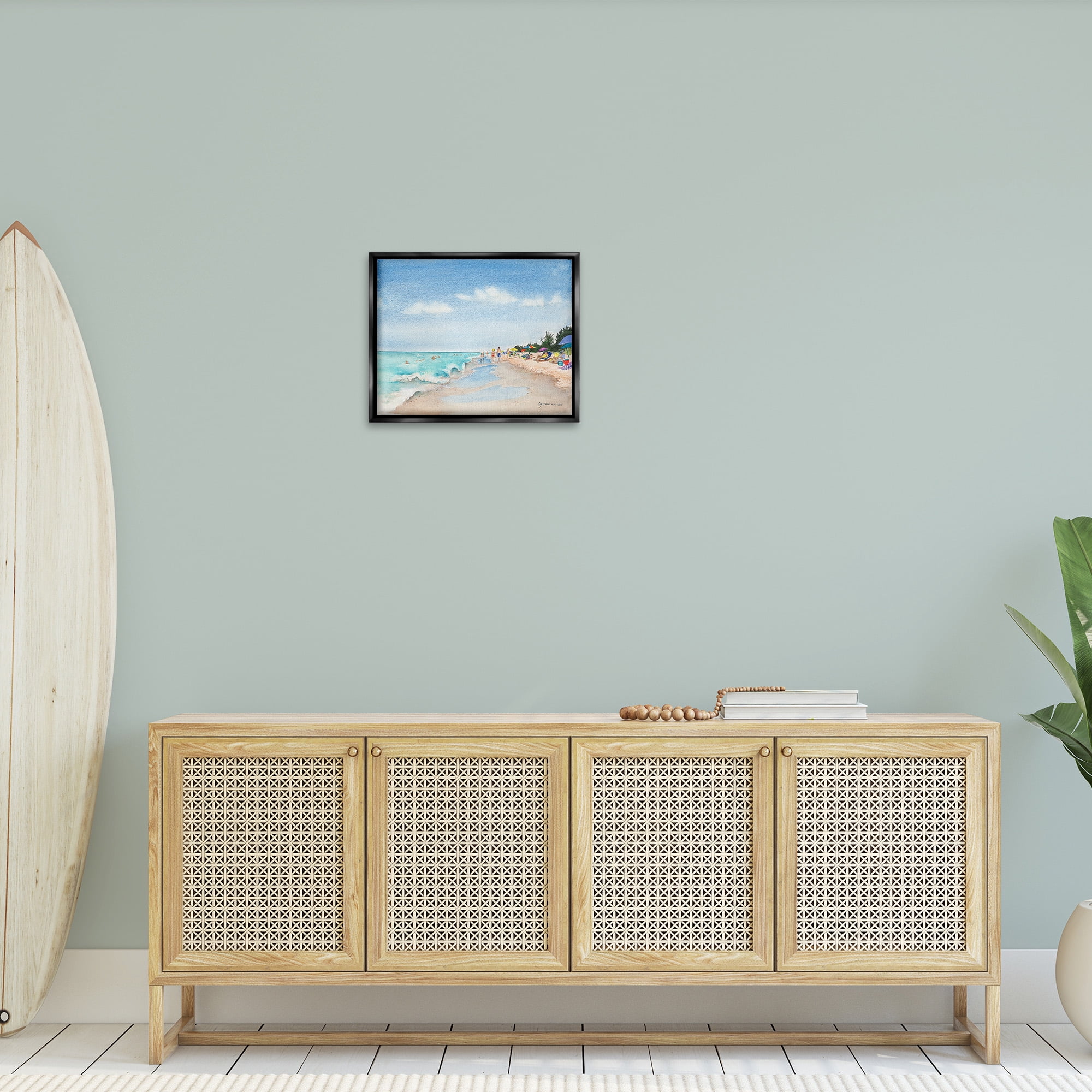 Stupell Industries Traditional Beachgoers View Landscape Painting Black Floater Framed Canvas Art Print Wall Art, 21 x 17