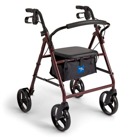 Medline Strong Steel Rollator, Folding Rolling Walker, 8" Wheels, 350lb Weight Capacity, Red