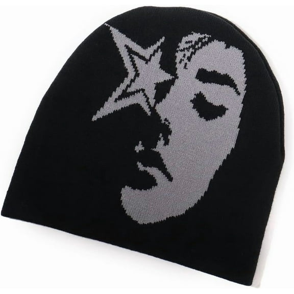 Beanie Hats Y2K for Men and Women, Face Patterned Embroidered Beanie Acrylic Soft Warm Winter Cuffed Knit Hats