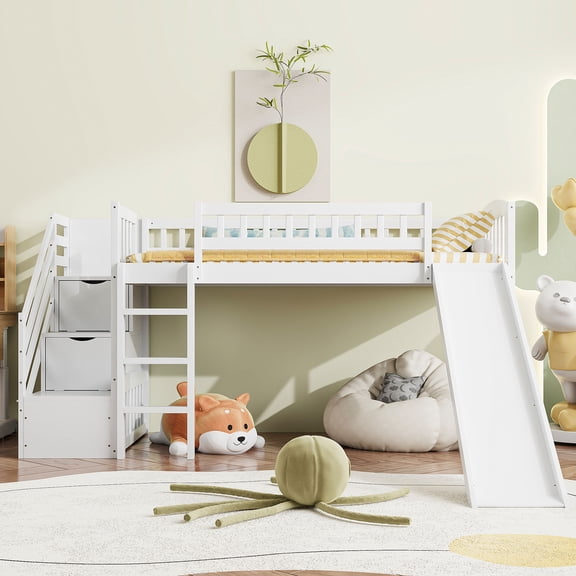 JUYG Twin Loft Bed with Stairway, Two Drawers and Slide, White
