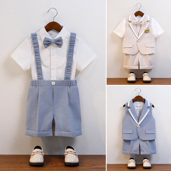 ‌LYMAYTER Toddler Boys Formal Suit Short Shirt Shorts Bowtie Suspenders Wedding Outfit Summer Wear‌