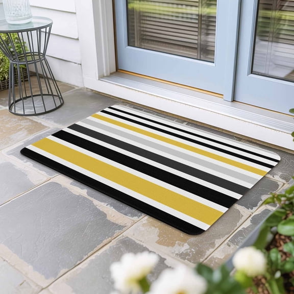 Yellow Black Stripe Door Mat Indoor Outdoor, Modern Abstract Art Coarse Striped Non Slip Welcome Mat with Rubber Backing, Absorbent Fabric Front Door Mats Entryway Rug for Home Patio Entrance 18"x30"