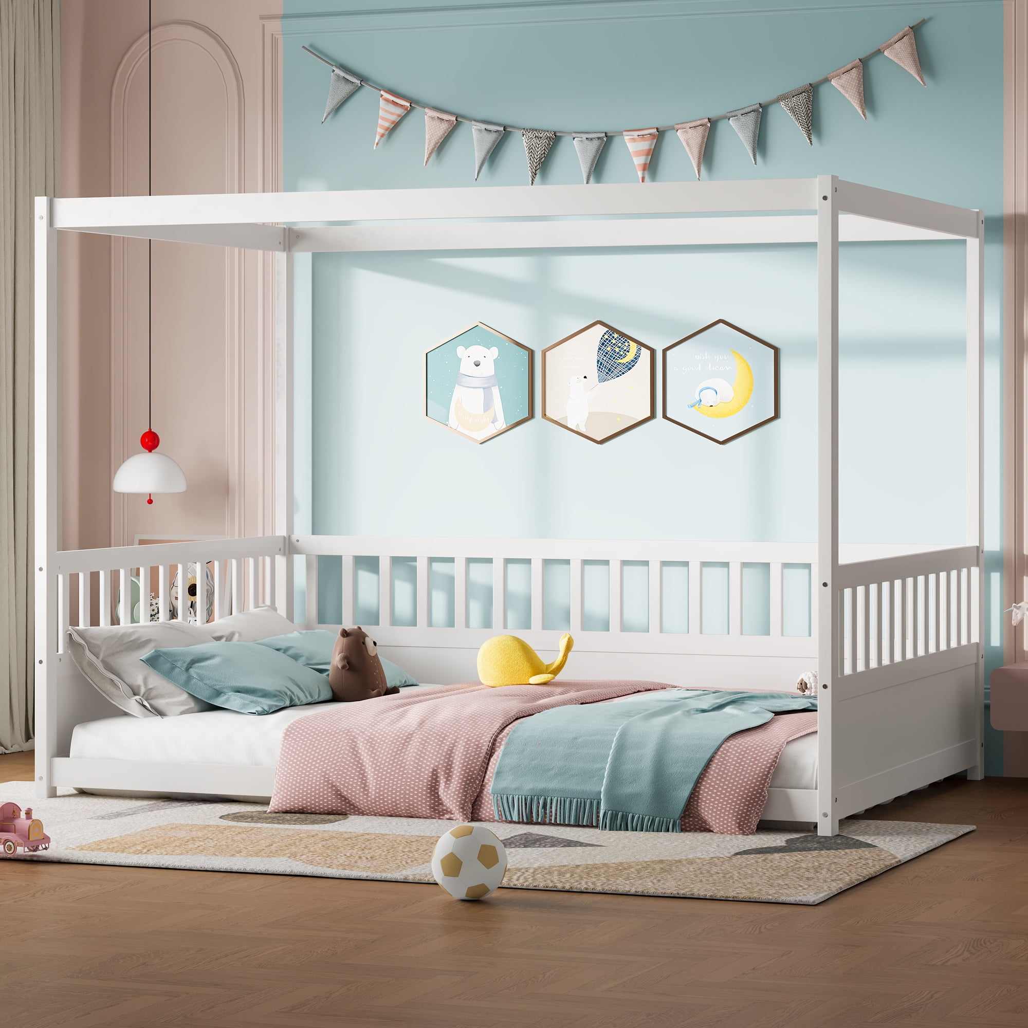 Bellemave Full Size Canopy Bed Frame with High Fence Guardrails Montessori Floor Bed Frame with Four Poster Design Wooden Canopy Bed (Full, White)