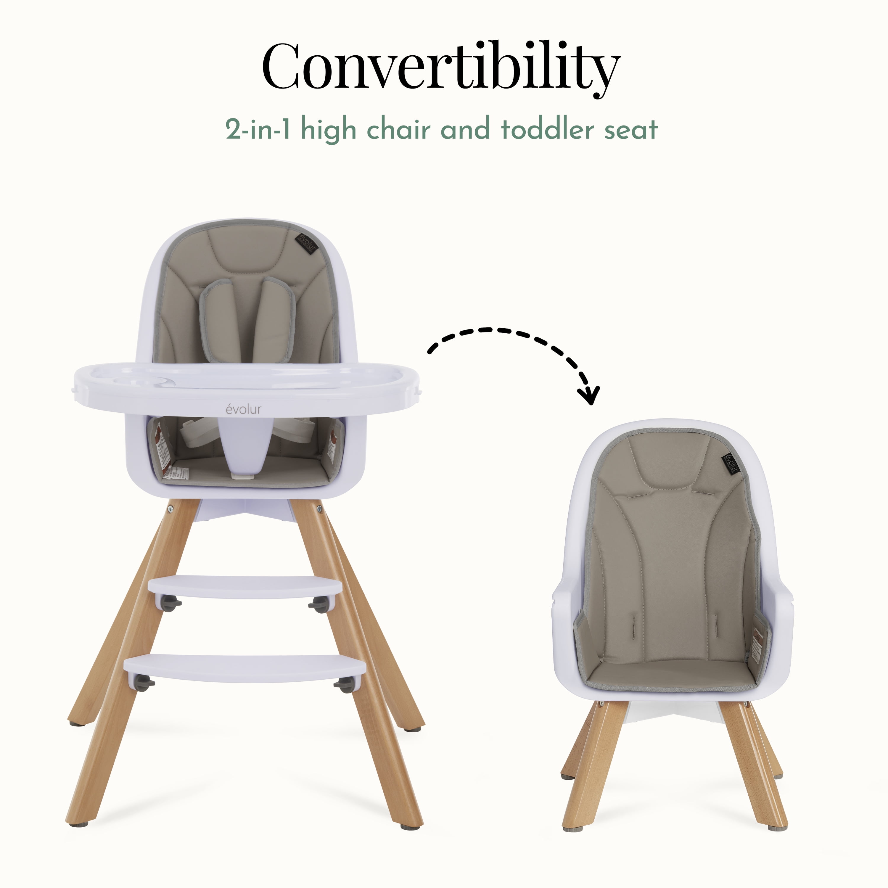 Evolur Zoodle 3-in-1 High Chair Booster Feeding Chair with Modern Design, Light Grey