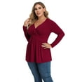 thumbnail image 4 of Uvplove Women's Spring Plus Size V-Neck Tunic Tops Casual Loose Long Sleeve Blouses with Pleated,US L-4XL in Wine Red, 4 of 11