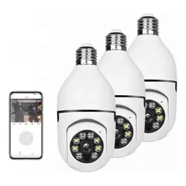 Kit 3pzs Cámara De Seguridad Foco Wifi Espía Giratoria 360
