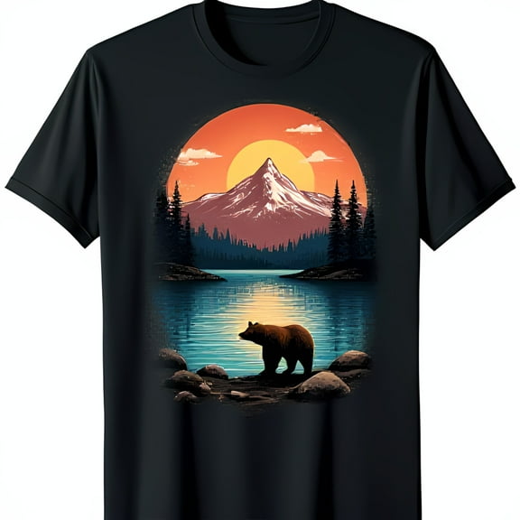 Men's Black T-Shirt with Majestic Bear and Mountain Sunset Graphic