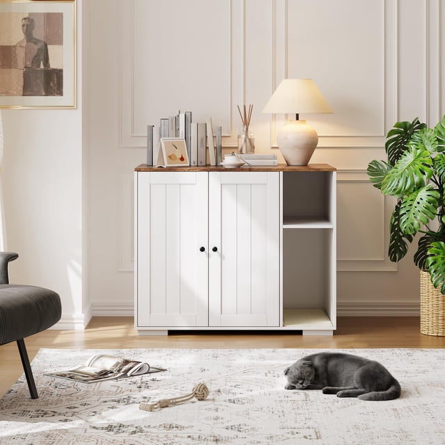 AKDSteel Modern Cat Litter Enclosure For Litter Robot 3 And 4, Hidden Furniture Design With Built-In Power Outlet, Scratch Pad, And Dog-Proof Barrier