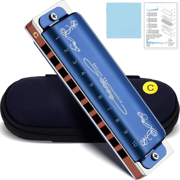 10-Hole C Key 008K Diatonic Harmonica - With Blue Case, Suitable for Beginners, Students, Adults & Professional Players