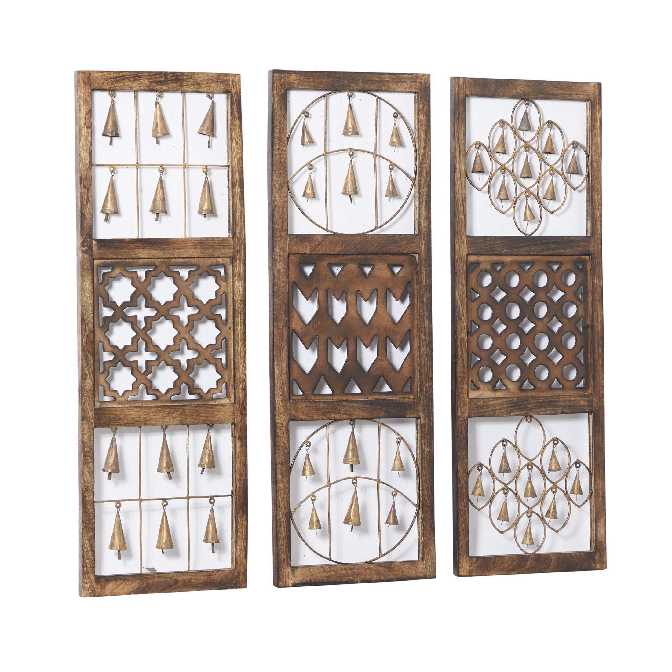DecMode Farmhouse Carved Wood Cutouts with Hanging Bells Wall Décor, Set of 3 12"W x 36"H