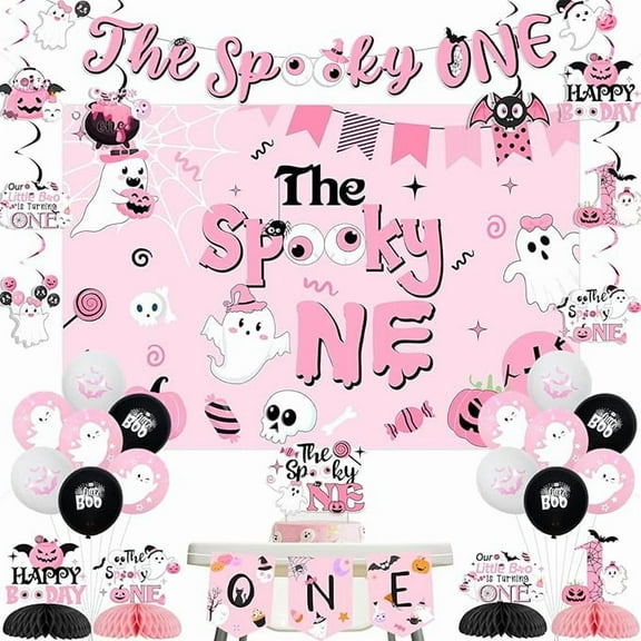 Halloween 1st Birthday Party Decorations Pink Black The Spooky One Backdrop Banner Cake Topper Ghost First Birthday Honeycomb Centerpiece A Little Boo Is Turning One Hanging Swirls Balloons