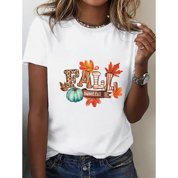 Women Fall Sweet Fall Leopard Letter Pumpkin Leaf Round Neck Women T‑Shirt