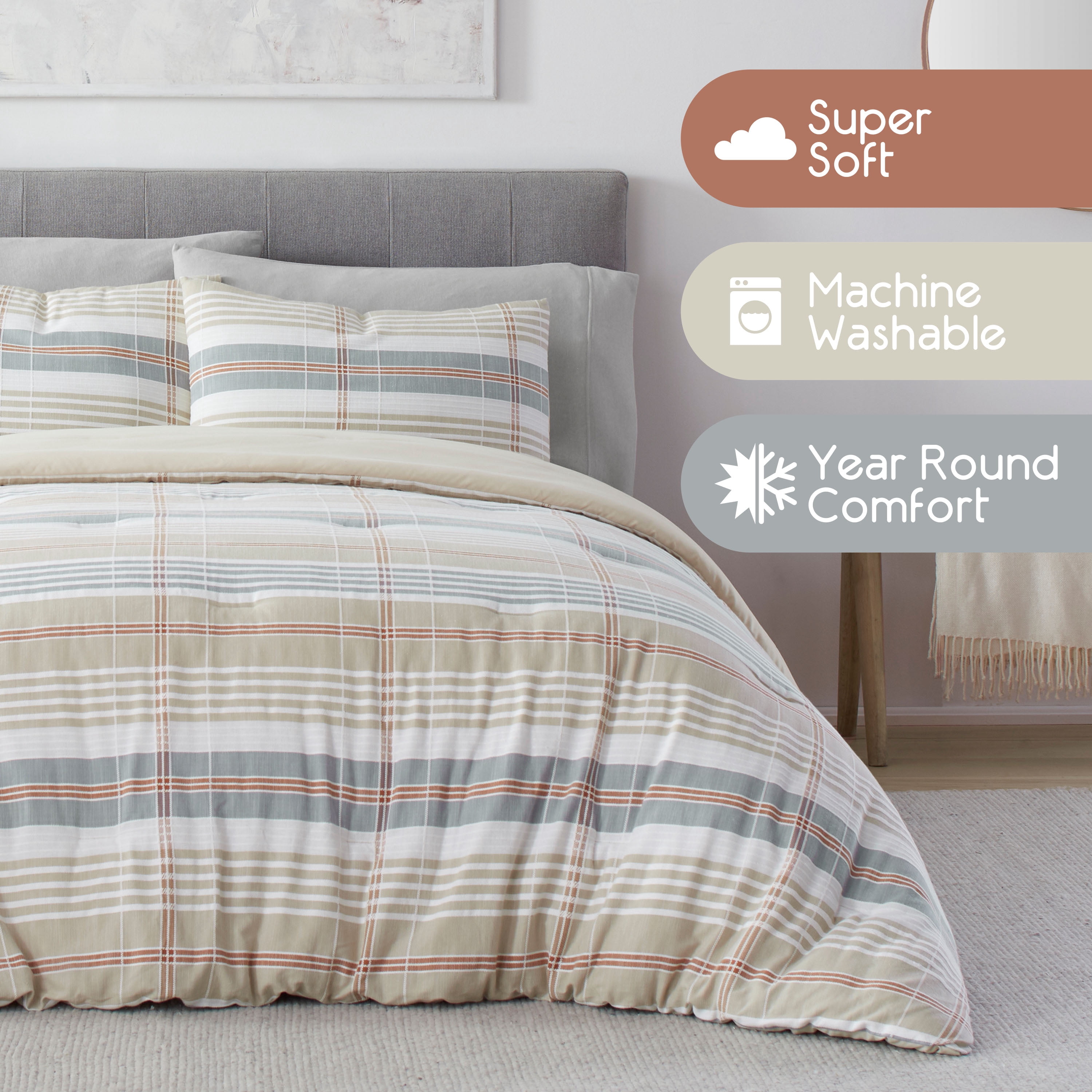 Vellux Oslo Plaid 2-Piece Cotton Comforter Set, Down Alternative, Twin, Taupe