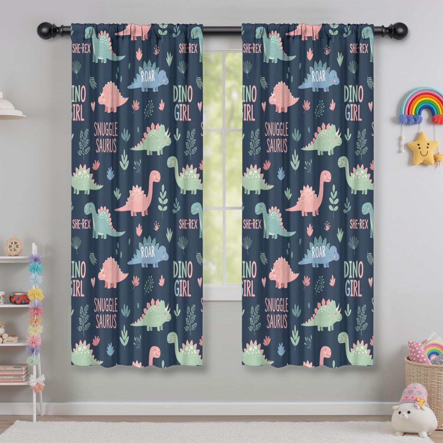 Blackout Kids Curtains,Dark Blue Girl Themed Dinosaurs Pattern Childrens Insulated Curtains Set Of 2,Bedroom Essentials,Toddler Room Decor 42"x63"