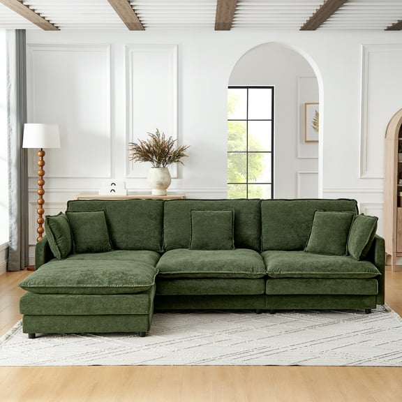 Modern Home Living Room L-Shaped Sectional Sofa Couches with Ottoman, Convertible Oversized 4-Seater Couch Towel Fabric, Green