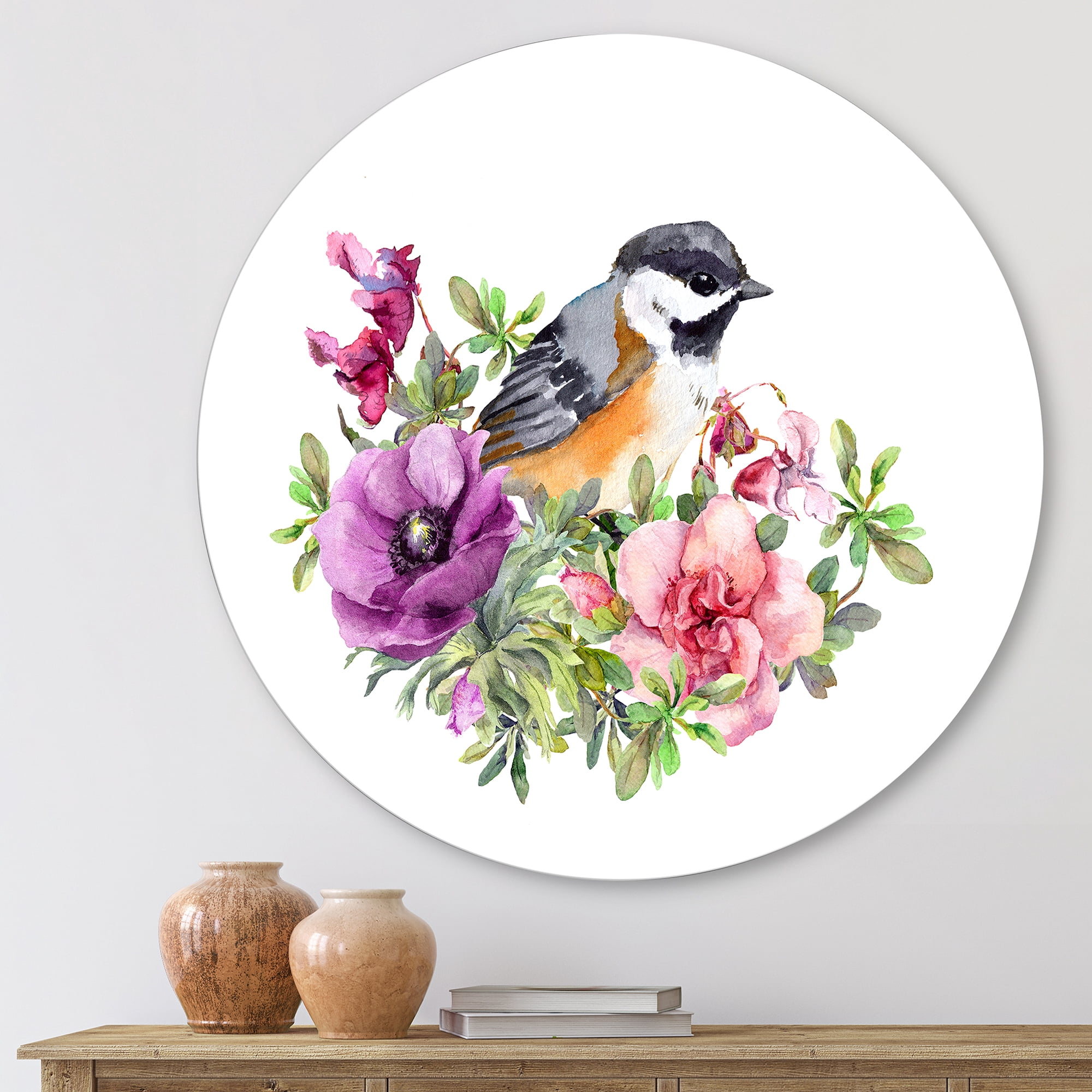 Designart 'Cute Bird In Purple and Pink Flowers' Traditional Circle Metal Wall Art 11x11 - Disc of 11