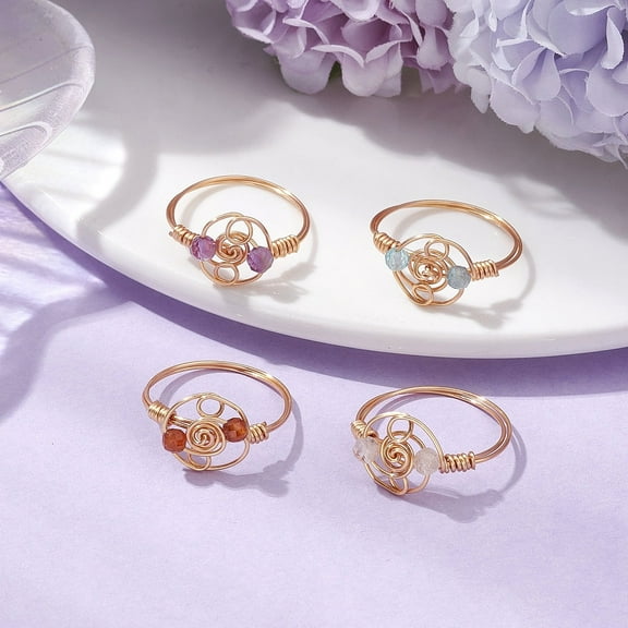 Natural Apatite & Garnet & Amethyst & Citrine Finger Rings Golden Tone Copper Wire Wrap Jewelry for Women Size 7(17.3mm)