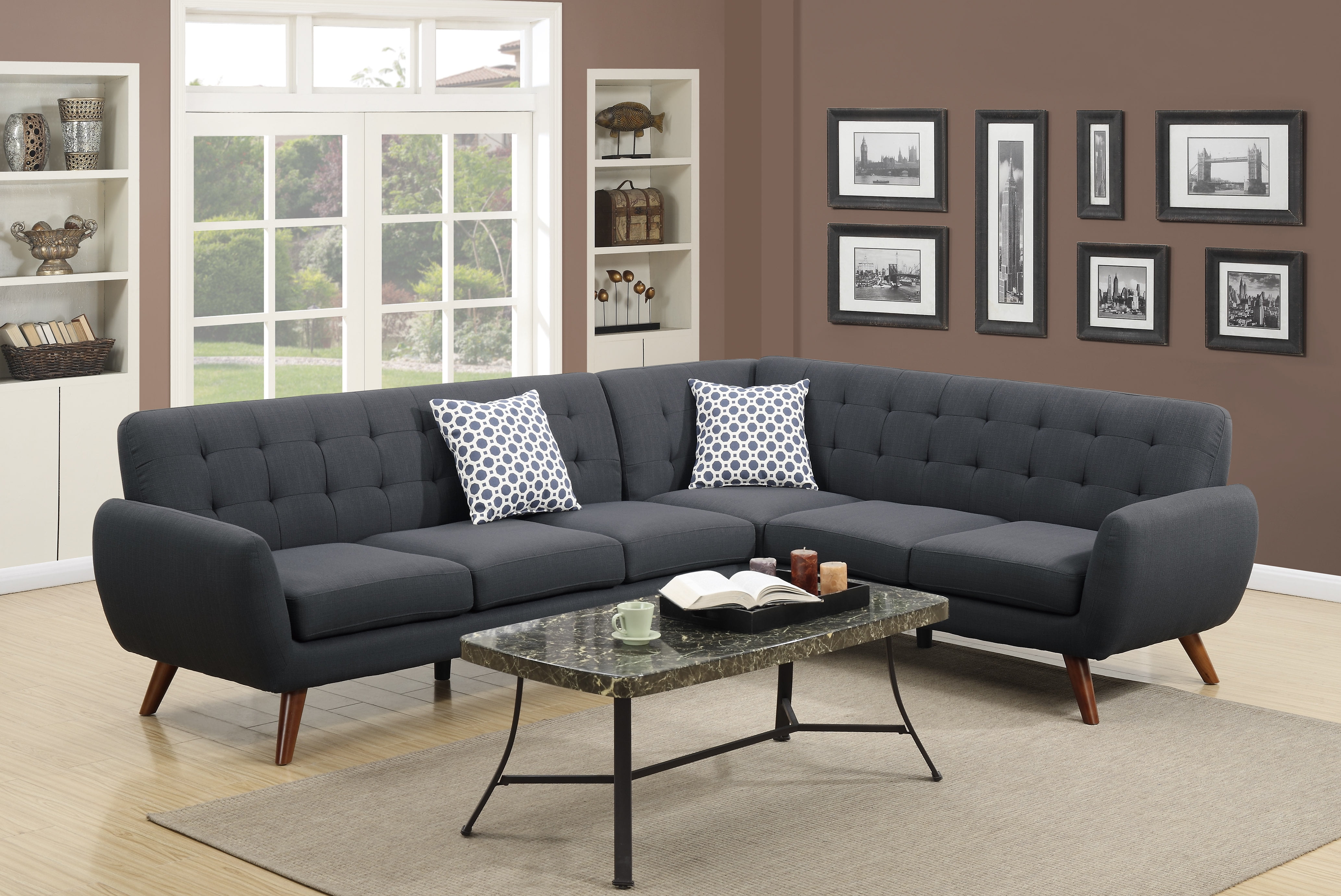2Pcs Black Chocolate Blue Grey Polyfiber Reversible Sectional Sofa Set