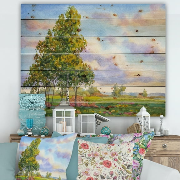Designart 'The Trees In The Evening Landscape Field ' Traditional Print on Natural Pine Wood