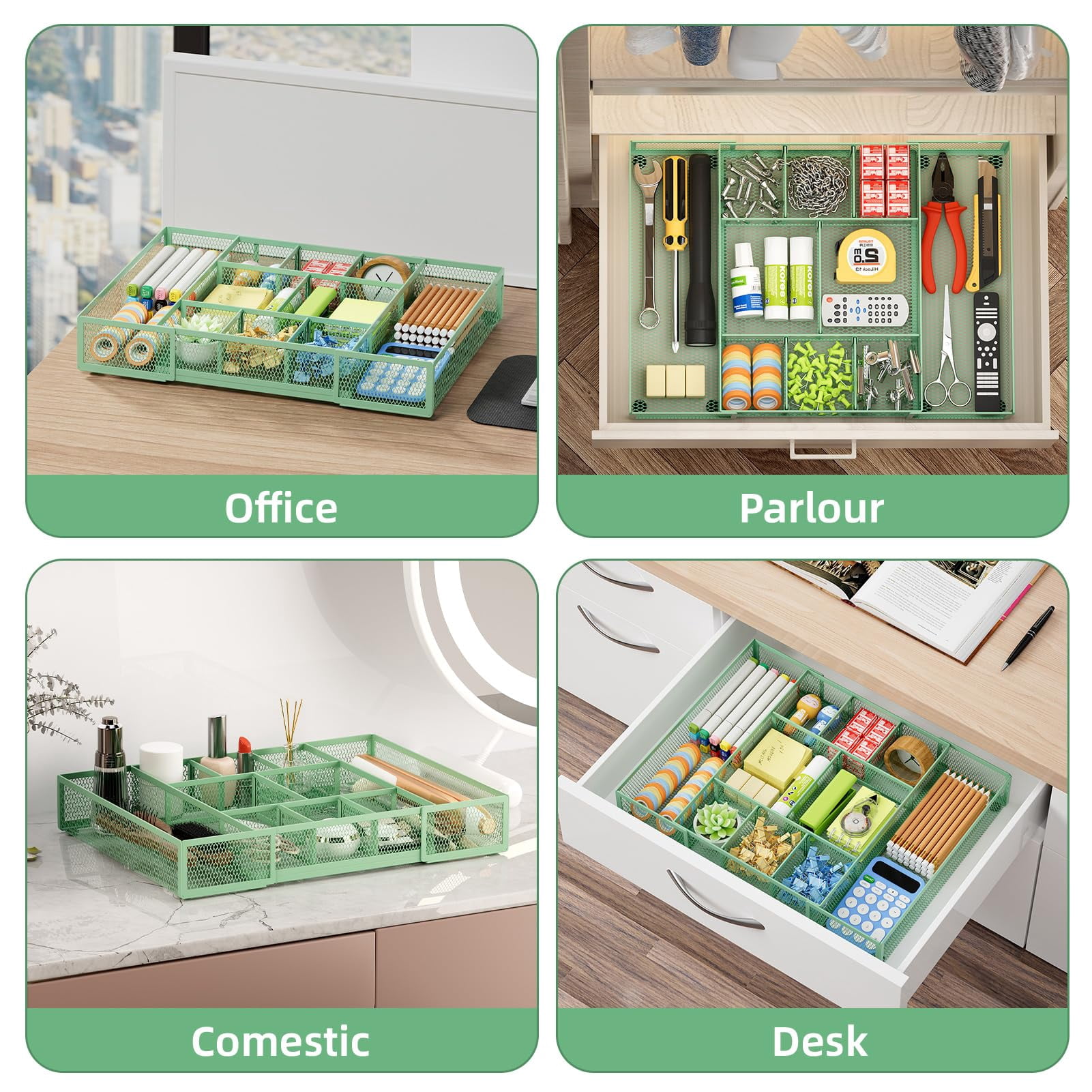 Expandable Desk Drawer Organizer  Mesh Tray With 10 Adjustable Compartments Organizers And Accessories For Office Supplies Makeup & Vanity (expandable-green)