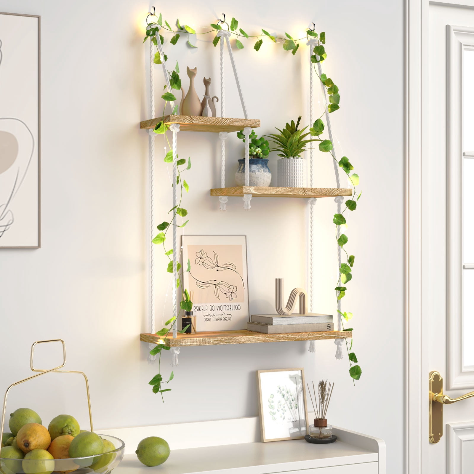 FKS LIFE Hanging Shelves Boho Decorative Wood Sheves for Wall Hanging, Hanging Plant Shelf with Lights Floating Swing Storage Shelves, Indoor Wall Shelf Adjustable Rope