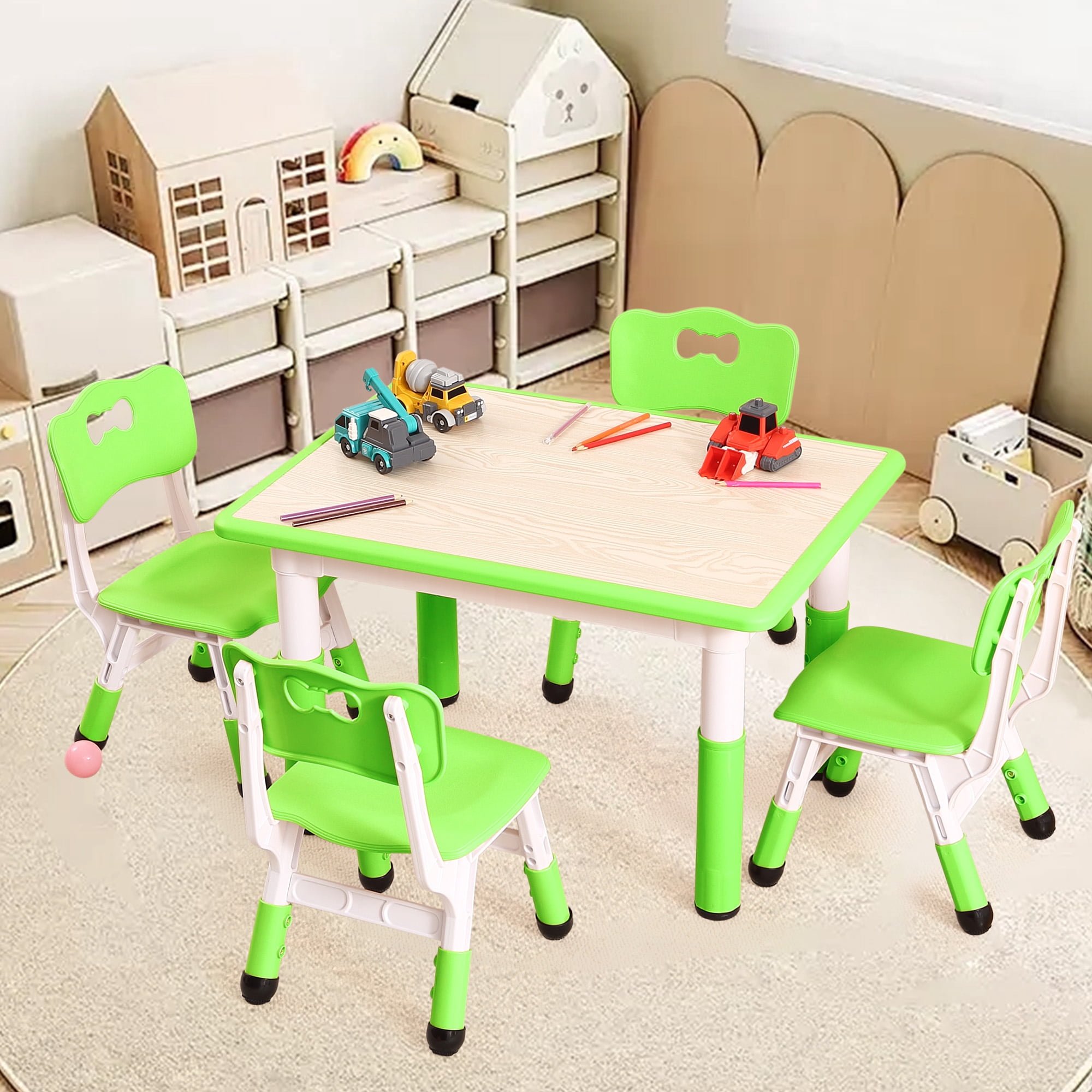 Kids Table and 4 Chair Set,Height Adjustable Toddler Arts & Crafts Table and Chair Set for Ages 2-10,Max 300lbs Kids Activity Art Table for Classroom Daycares,Home