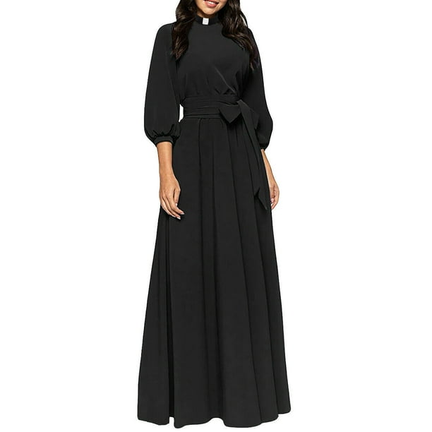 GRACEART Women Clergy Dress Audrey Hepburn Style Dress Tie Belt Priest ...