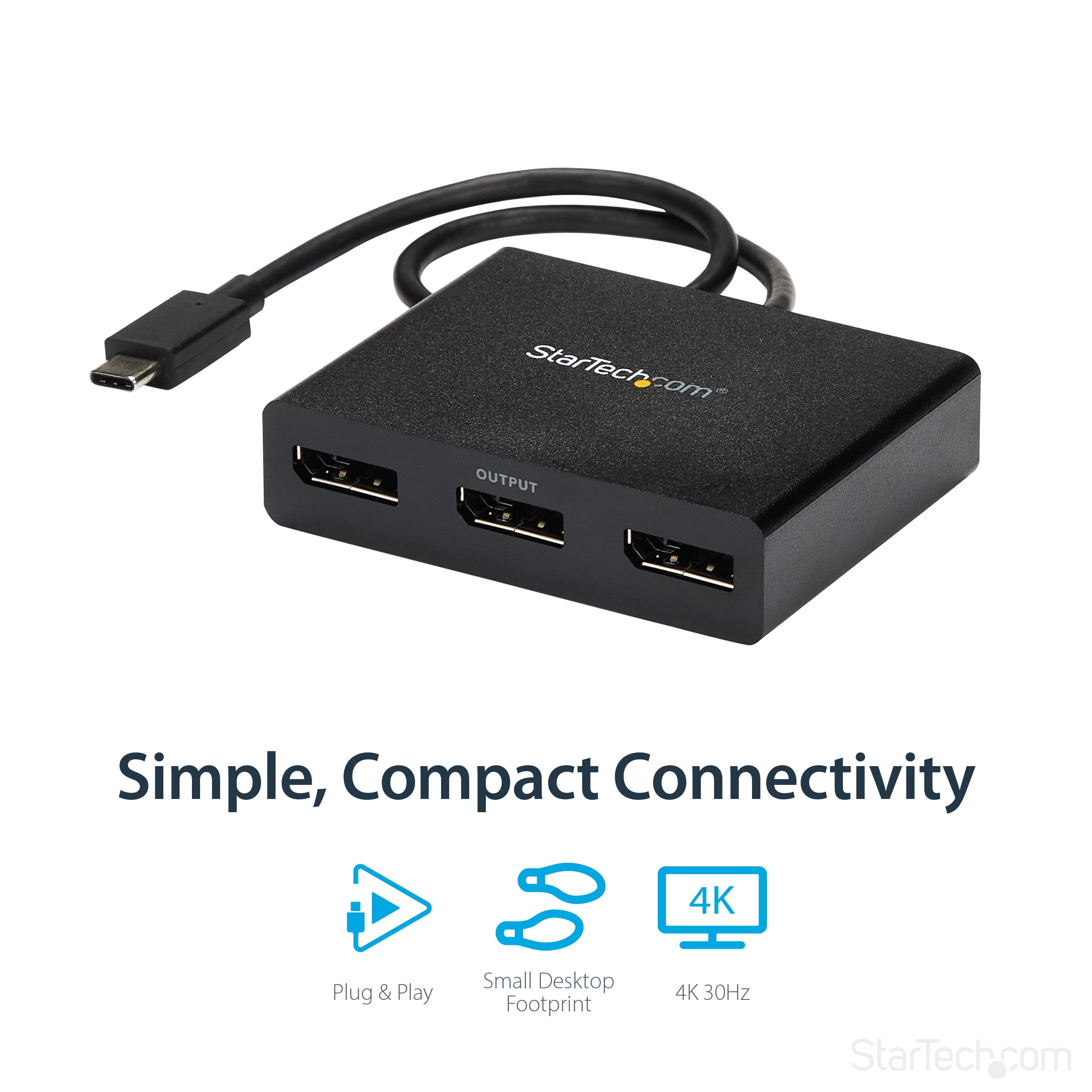 StarTech.com 3-Port USB-C Multi-Monitor Adapter, USB Type-C to 3x DisplayPort 1.2 MST Hub, Triple 1080p 30Hz DP Laptop Display Extender / Splitter, Extra-Long Built-In Cable, Windows