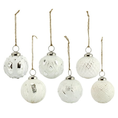 Farmhouse Ball Christmas Tree Ornaments (Set of 6, White); Distressed Metal, Rustic Vintage Style