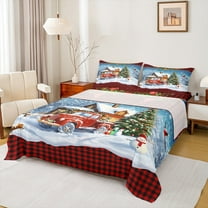 Manfei Red Truck 4 Pieces Queen Sheet Sets,Happy Christmas Ultra Soft Flat Sheet,Cartoon Snowman Queen Fitted Sheet,Geometric Room Decoration