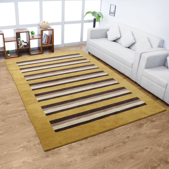 Rugsotic Carpets Hand Knotted Wool Area Rug 6'x9' Gold Brown Contemporary Rectangle Indoor Rug for Living Room, Bedroom Antimicrobial L00904
