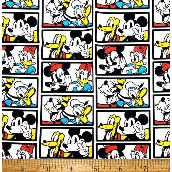 1 Fat Quarter - Disney Mickey Minnie & Friends Block White Cotton Fabric - 21" X 18"
