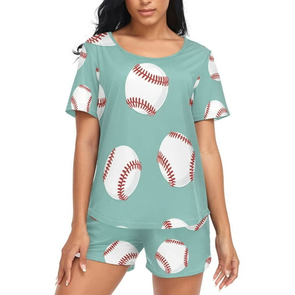 joogoo Women's Pajama Set Baseball on Blue Short Sleepwear Loungewear with Pockets M