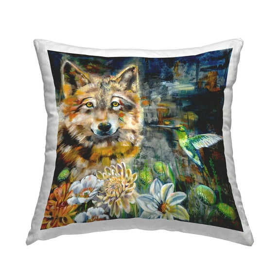 Stupell Industries Beautiful Wolf & Hummingbird Decorative Printed Throw Pillow Design by Linda McClure.