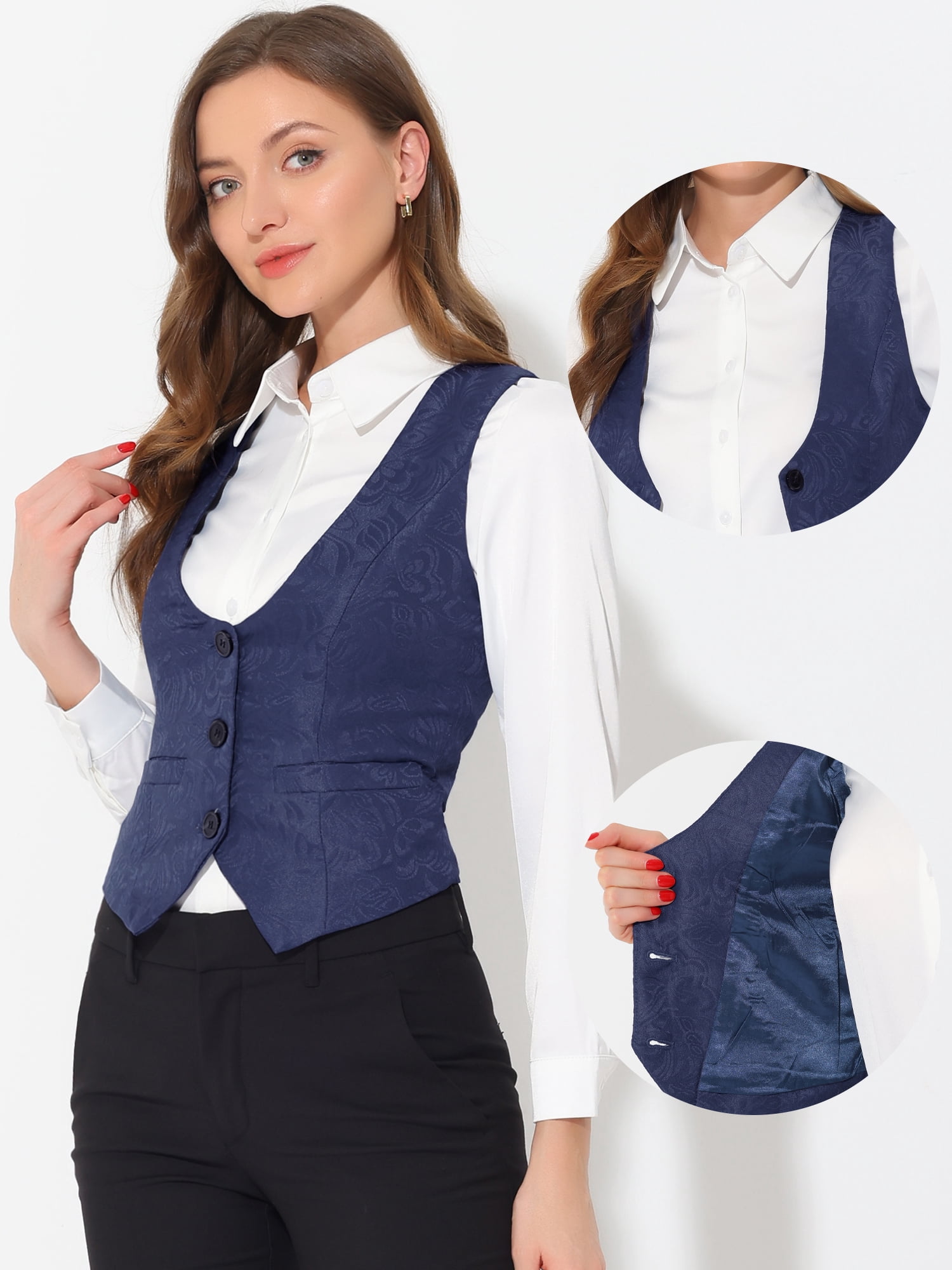 DARING DIVA Women's Button Up Steampunk Jacquard Sleeveless Suit Vest L Dark Blue