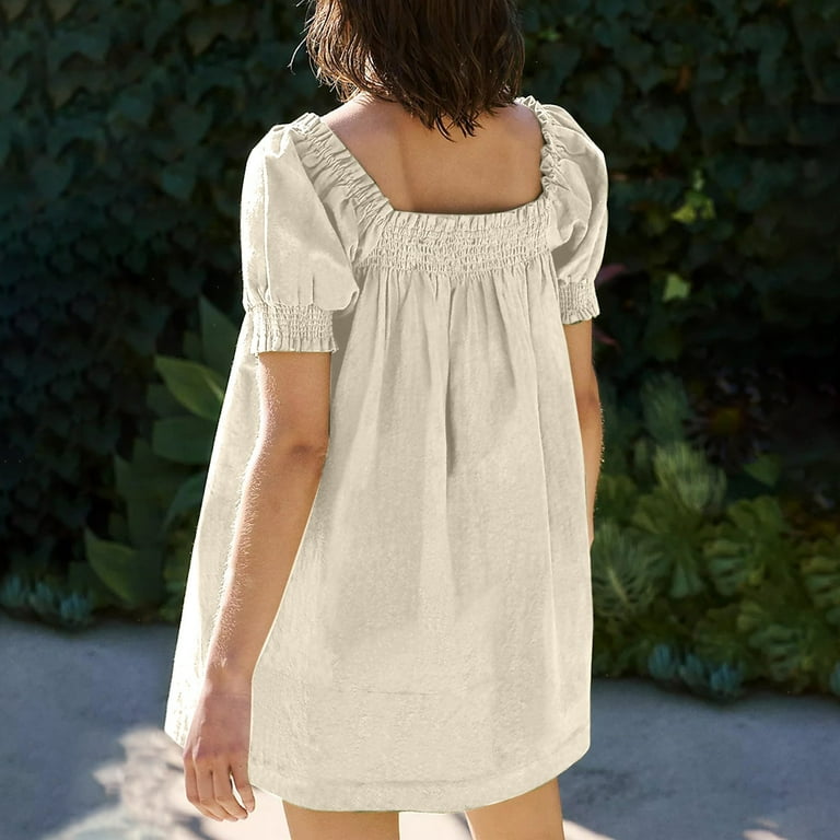 loose mini dress with sleeves V Neck Linen Dress, Mini Dress, Puff Sleeve Dress, Fit and Flare Dress, Loose Fit Mini Dress, Summer Short Dress, A Line Dress,elegant Dress