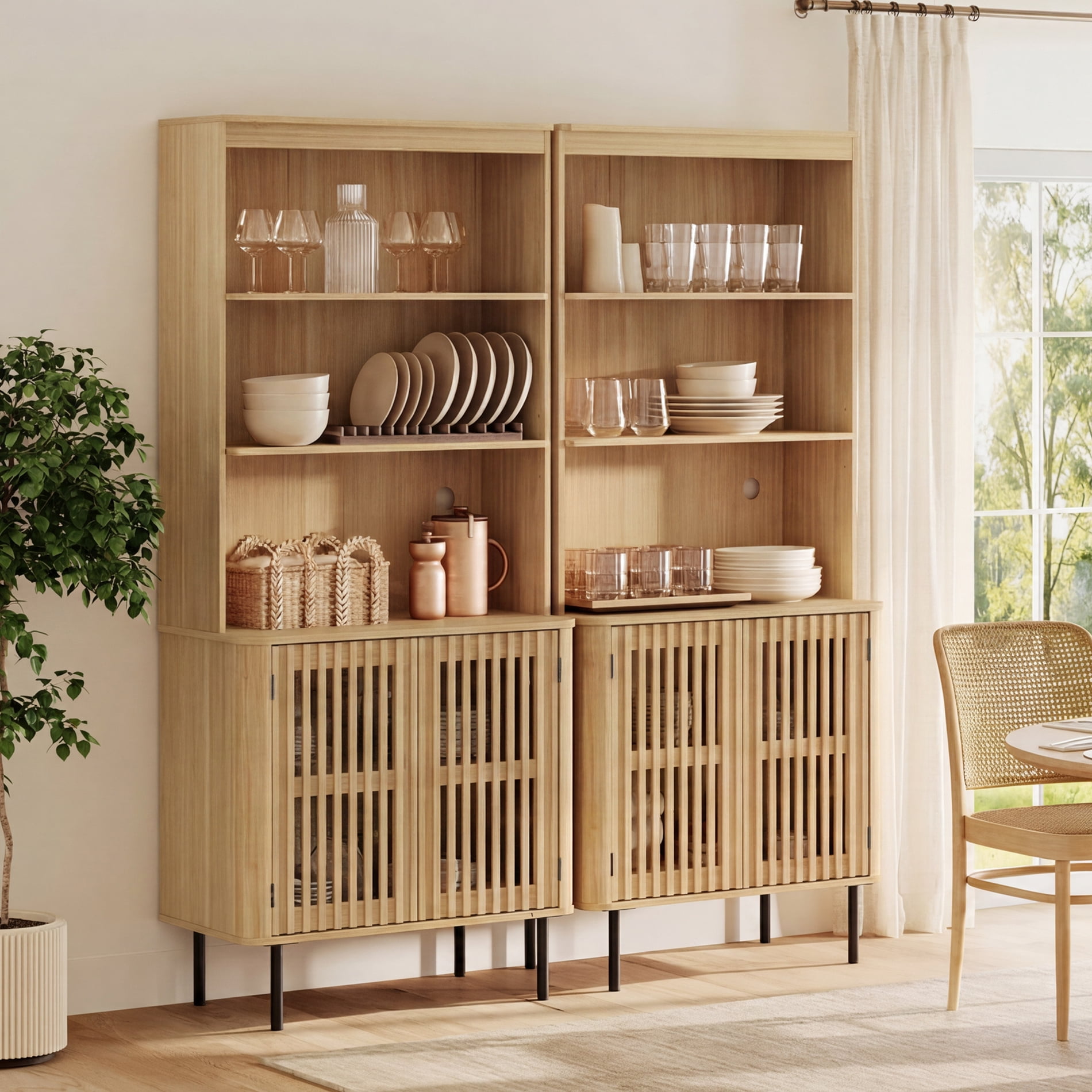 72.8" Tall Bookshelf with Doors - 6 Tiers Large Modern Bookcase with Adjustable Shelves, Oak