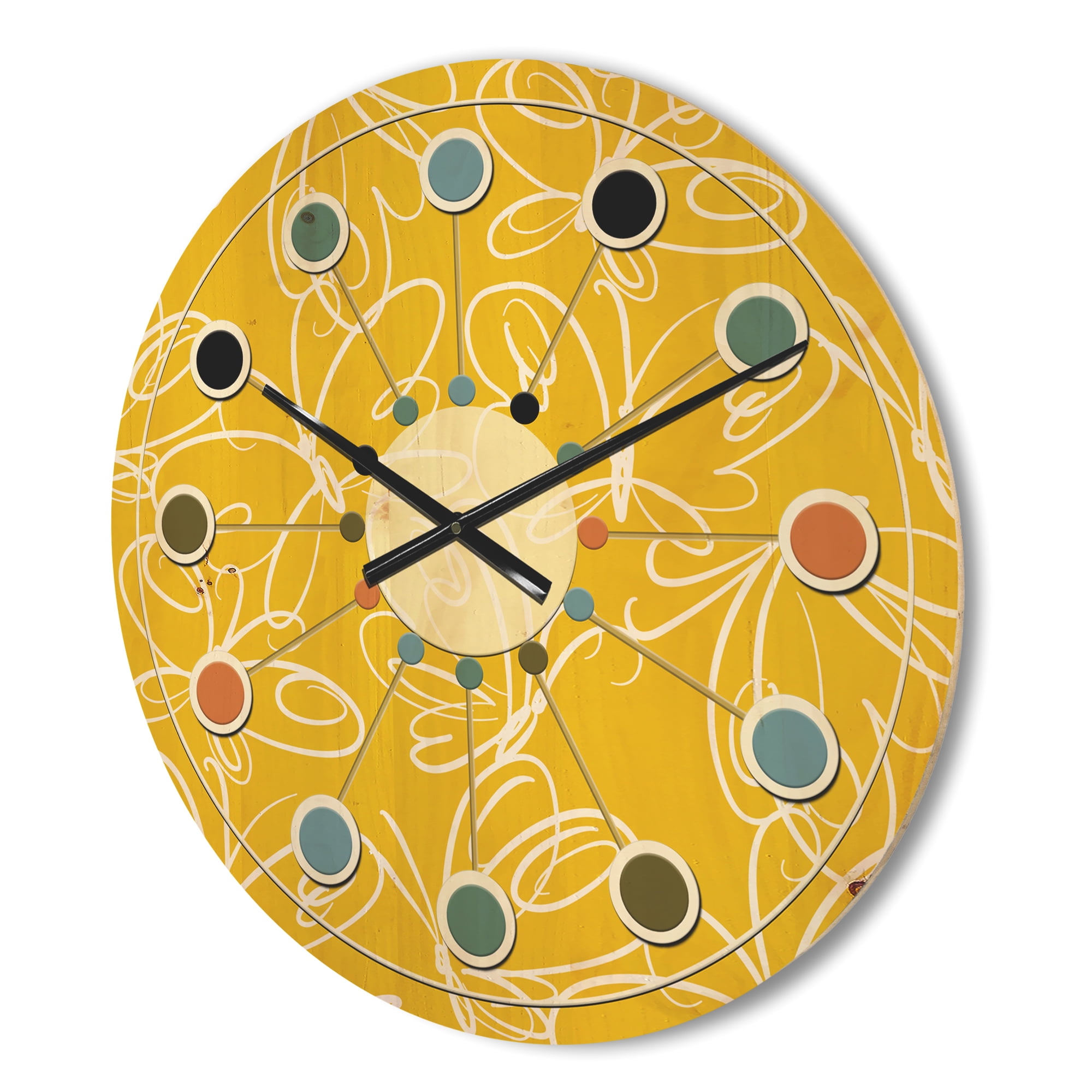 Designart 'Butterflies Yellow color Retro Pattern' Mid-Century Modern Wood Wall Clock
