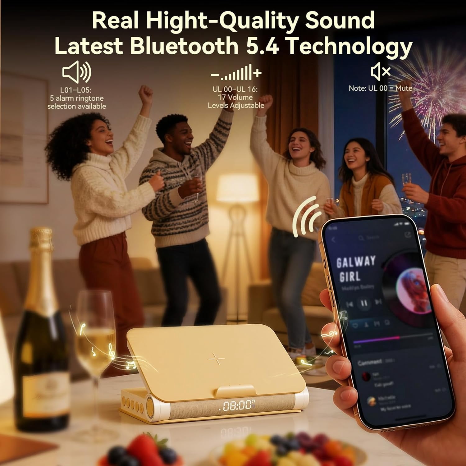 Sunrise Alarm Clock with Bluetooth Speaker, White Noise, Dimmable Lamp & Wireless Charging, Wood Grain Book Style